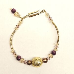 Glass Faux Pearl and Faceted Glass Beaded Goldtone Bracelet